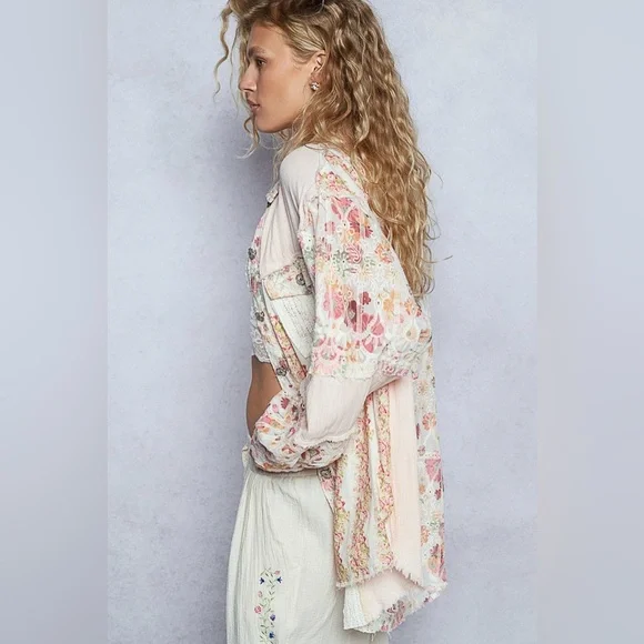 POL “ Wildflower Quilt “ Patchwork Button Down Shacket | Crimson Multi - Picture 3 of 5